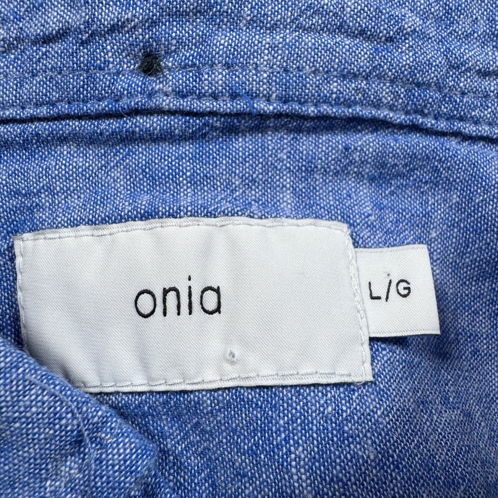 Onia Mens Button‎ Down Shirt Blue Linen Blend Short Sleeve Large Minimalist - Picture 5 of 6